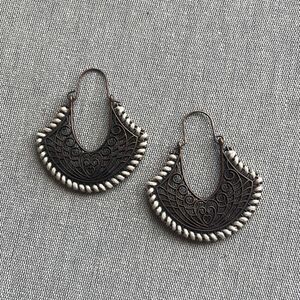 Bohemian Bronze Tribal Filigree Hoop Dangle Earrings Half Moon NWT